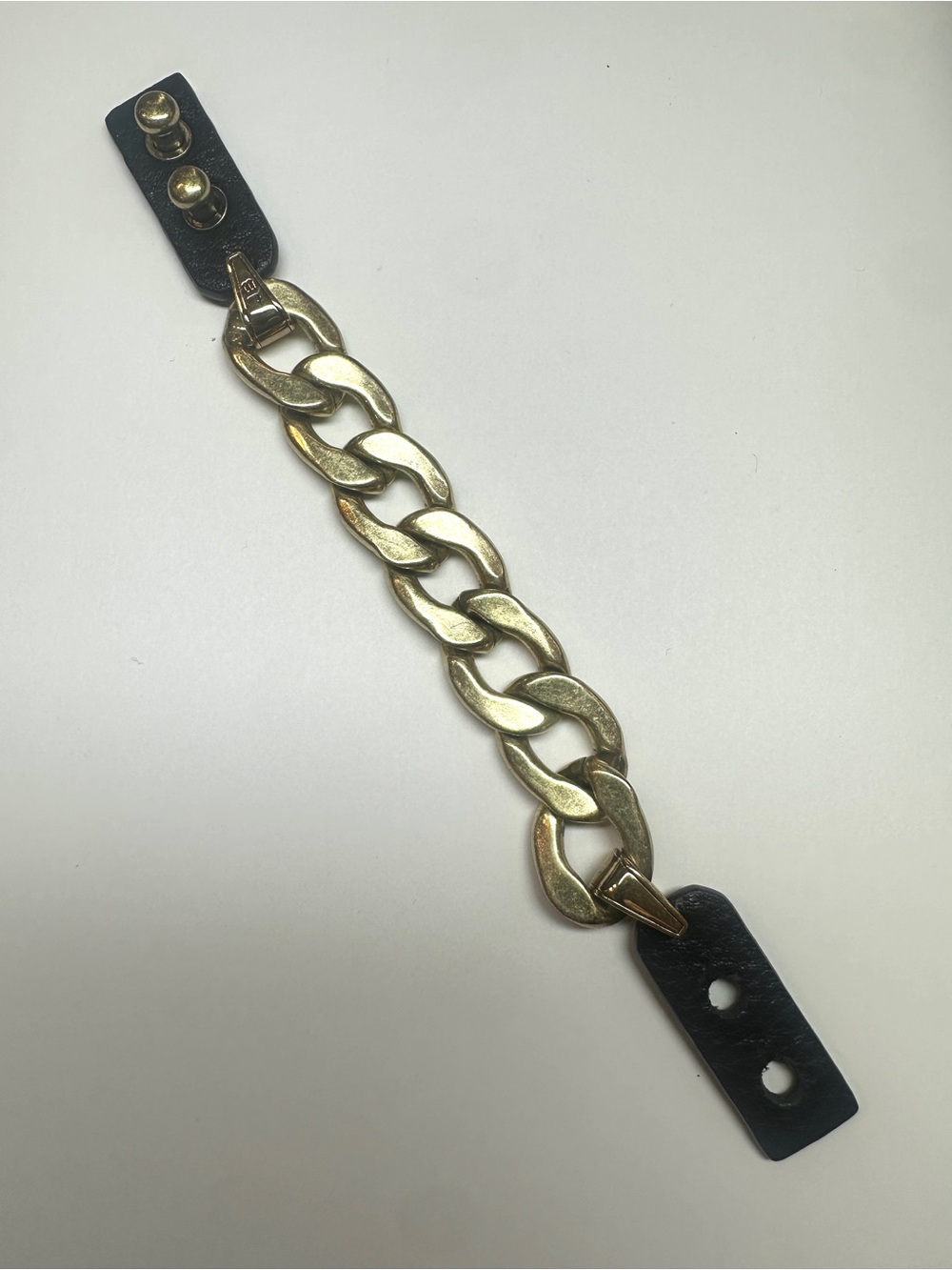 Jenny Bird Gold Chain Bracelet with Black Leather Tabs